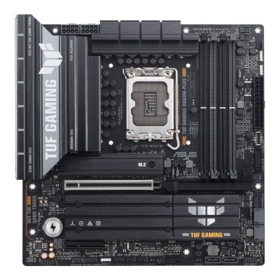 Placa-mãe ASUS TUF GAMING preta com slots para CPU e RAM e dissipadores térmicos