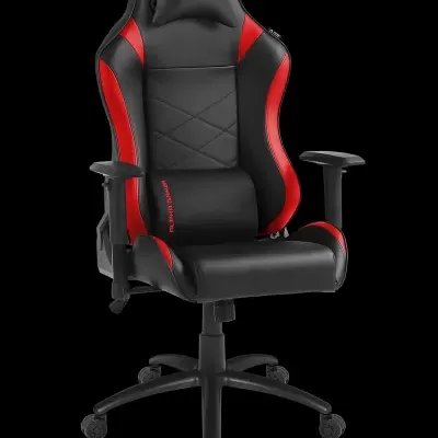 Cadeira gaming preta e vermelha com apoios e rodas