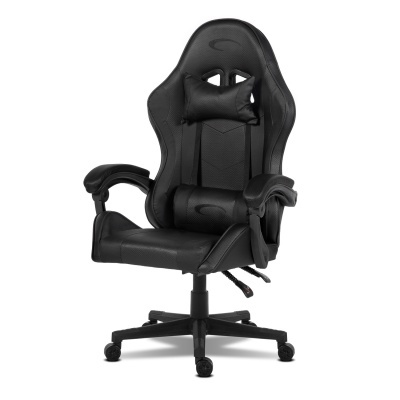 Cadeira de escritório preta tipo gamer com estofado em couro sintético