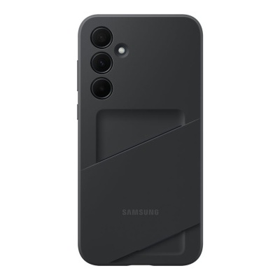 Smartphone preto Samsung com três câmaras e suporte ou capa preta na traseira.