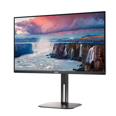 Monitor AOC ultrawide curvo a mostrar cascatas e céu ao pôr do sol