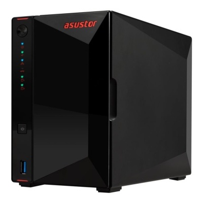 Dispositivo de armazenamento em rede preto ASUSTOR com luzes LED e porta USB