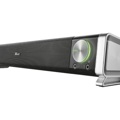 Barra de som preta e cinza com botões frontais e textura em rede