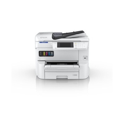 Impressora multifunções branca com visor e alimentador automático