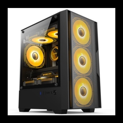 Computador desktop preto com ventoinhas amarelas e painel em vidro temperado