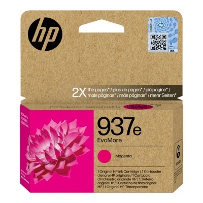 Cartucho tinta HP 937e EvoMore magenta em embalagem de cartão reciclado com flor rosa