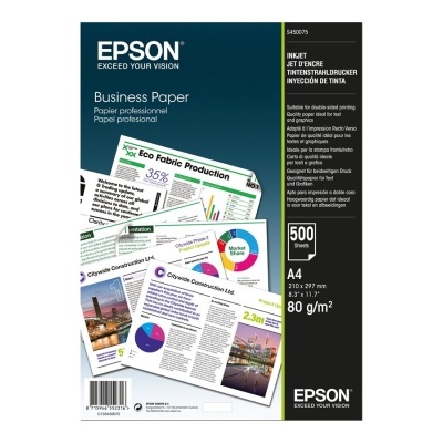 Pacote de papel Epson Business Paper com gráficos coloridos e texto em inglês.