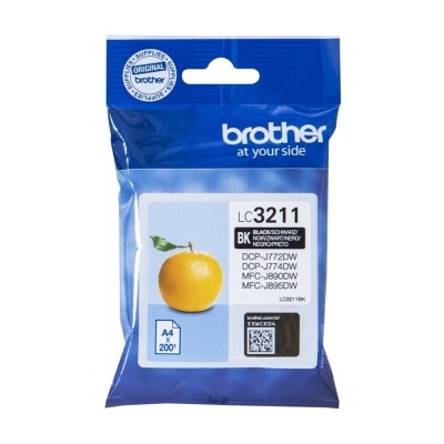 Embalagem azul de tinta para impressora Brother LC3211 BK com imagem de uma laranja.