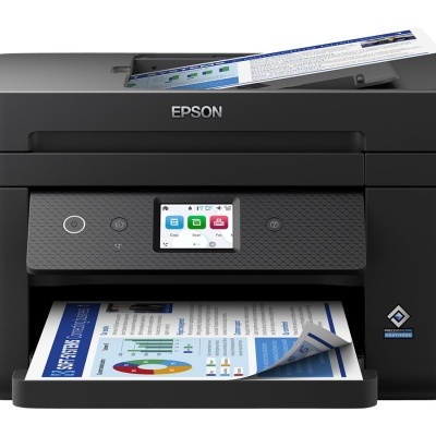 Impressora multifunções preta EPSON com visor digital e papel a cores