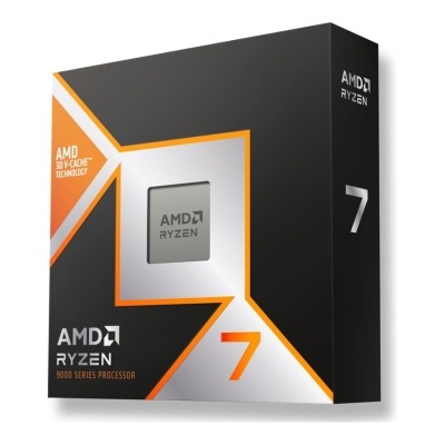 Embalagem de processador AMD Ryzen 7 preta com detalhes laranja e branco