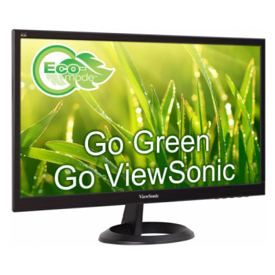 Monitor ViewSonic preto com imagem de relva e texto 'Go Green Go ViewSonic' em ecrã