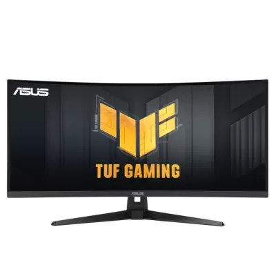 Monitor curvo ASUS TUF Gaming preto com suporte em V e texto amarelo no ecrã