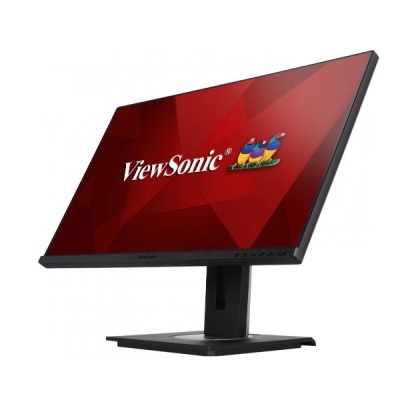 Monitor ViewSonic preto com ecrã plano exibindo logo com três pássaros coloridos em fundo vermelho