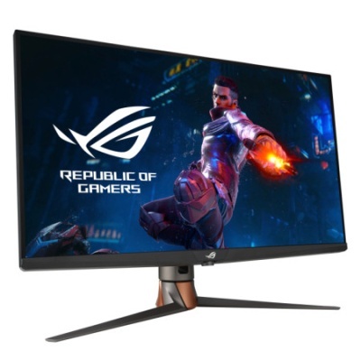 Monitor ASUS Republic of Gamers preto com suporte tripé e imagem de personagem futurista no ecrã