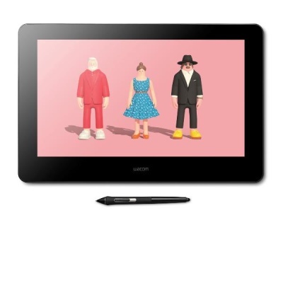 Mesa digitalizadora Wacom com caneta e três figuras animadas no ecrã