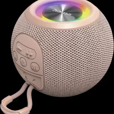 Coluna portátil esférica rosa com botões e luz LED multicolorida no topo