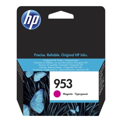 Cartucho de tinta HP 953 Magenta com embalagem preta e azul com borboletas