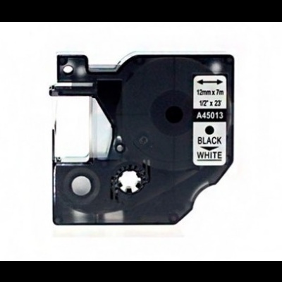 Cartucho de fita para rotuladora preto translúcido com etiqueta branca e texto