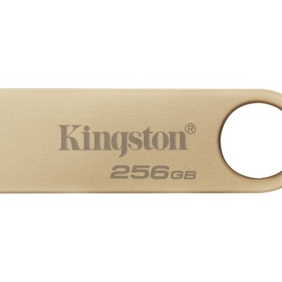 Pen drive Kingston bege 256GB com design retangular e círculo recortado.