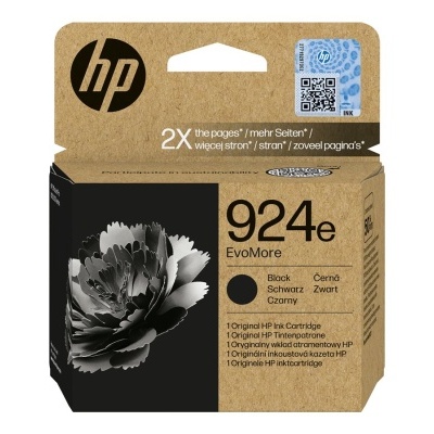 Embalagem de tinta HP 924e EvoMore preta com flor em cinza e texto informativo.