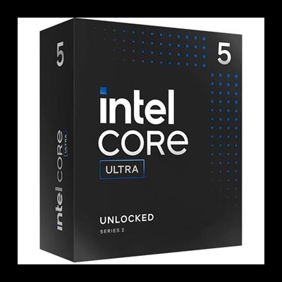 Embalagem do processador Intel Core Ultra série 5 com design preto, branco e azul