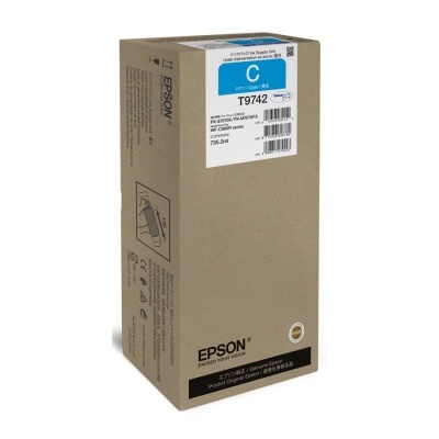 Caixa de tinta Epson T9742 cyan em fundo branco.