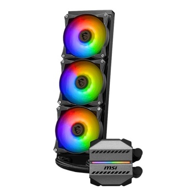 Sistema de refrigeração líquida para computador com três ventoinhas RGB coloridas e bomba MSI.