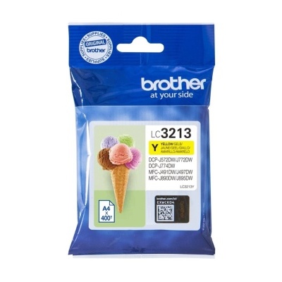 Embalagem de tinteiro Brother LC3213 amarelo com imagem de cone de gelado croché