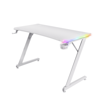 Mesa de gaming branca com luzes LED coloridas no canto