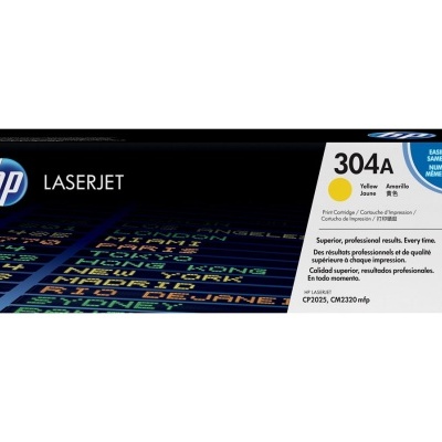 Embalagem preta de cartucho de toner HP LaserJet 304A amarela.