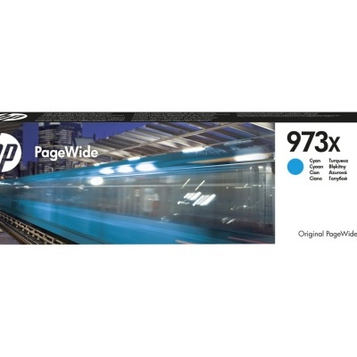 Cartucho de tinta HP azul ciano 973x em caixa com imagem de comboio em movimento