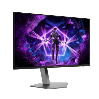 Monitor plano preto com imagem futurista roxa e azul