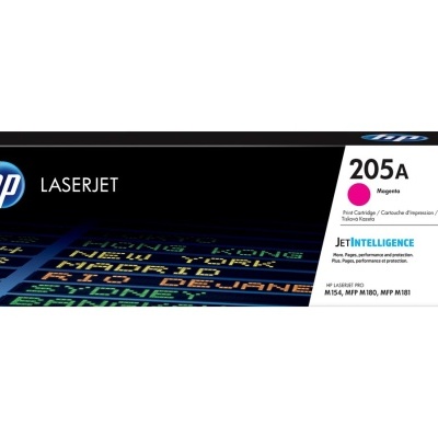 Cartucho de toner HP LaserJet 205A magenta embalagem preta com texto e gráfico de cidades