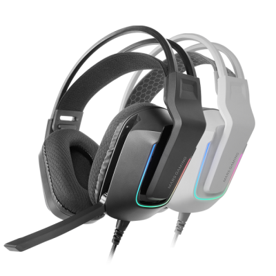 Dois headphones gaming, um preto e um branco, com microfone e LED colorido.