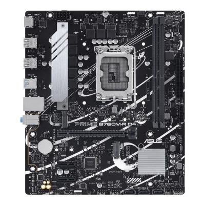 Placa mãe ASUS PRIME B760M-P D4 preta com dissipadores prateados e slots de memória.