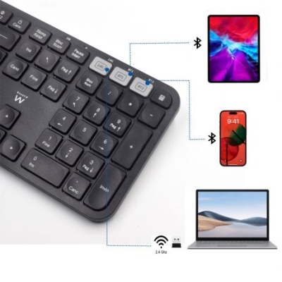 Teclado preto com conectividade Bluetooth e Wi-Fi para vários dispositivos