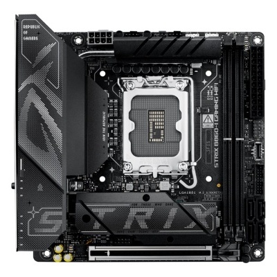 Placa-mãe ASUS ROG STRIX Z690-I GAMING WIFI preta com dissipadores e conectores