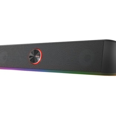 Barra de som preta com botão central e iluminação LED RGB