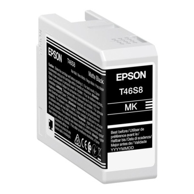 Cartucho de tinta preto Epson T46S8 MK com texto e símbolos em fundo branco