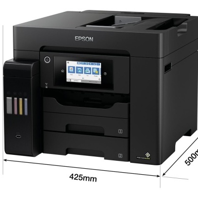 Impressora Epson multifuncional preta com visor digital colorido e depósito visível de tinta colorida