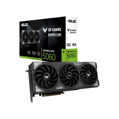 Placa gráfica ASUS TUF GAMING GEFORCE RTX 5060 e embalagem preta e branca