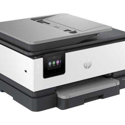 Impressora HP OfficeJet Pro 9020 branca e cinza com ecrã tátil