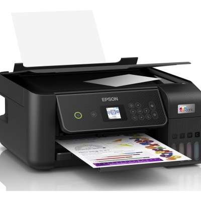 Impressora multifunções Epson preta com ecrã digital e sistema de tanques de tinta visíveis