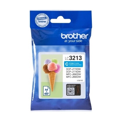 Pacote de recarga de tinta Brother LC3213 ciano em embalagem azul