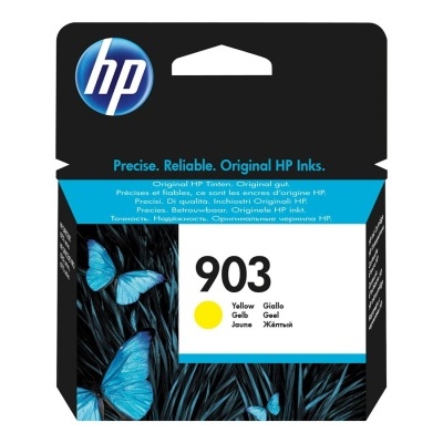 Embalagem de tinteiro HP 903 amarela com borboletas azuis em fundo preto.
