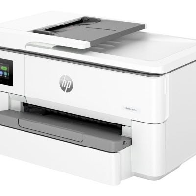 Impressora HP multifuncional branca com ecrã táctil colorido.