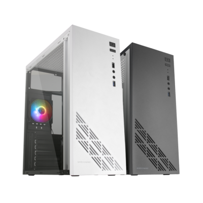 Dois computadores de secretária, um branco e outro preto, com painéis em vidro temperado e ventoinha RGB