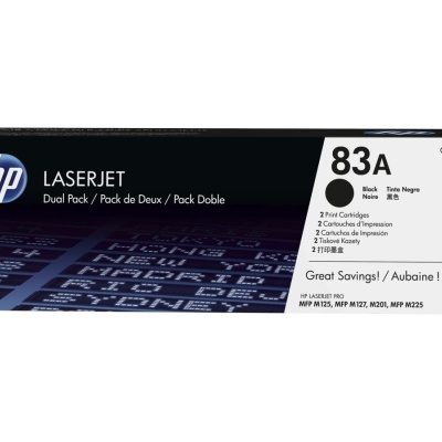 Caixa de toner HP LaserJet 83A preta Dual Pack com texto em inglês e francês