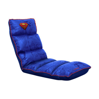 Cadeira azul reclinável com padrão Superman e bordas vermelhas