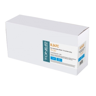 Embalagem branca de toner para impressora com texto e cores azul e laranja